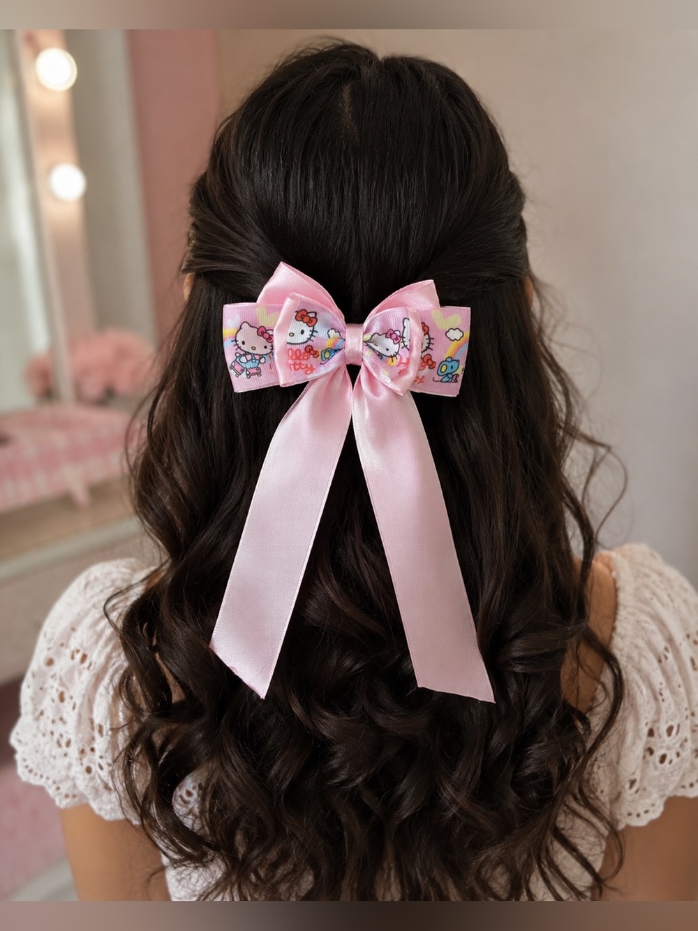 Hello Kitty Light Pink Satin Ribbon Bow with Character Print